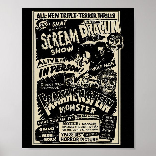 Poster Horror Movie Monster Mummy Dracula Werewolf Franke (Frente)