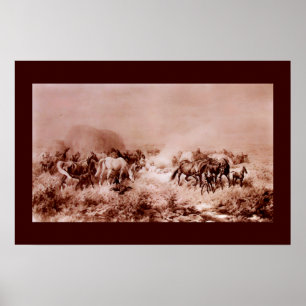 Poster HORSES GRAZANDO Castanho Antiquado, Sepia