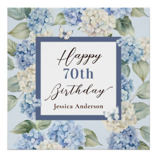 Póster Hortênsia Azul Aquarela Aniversário de 70 Anos