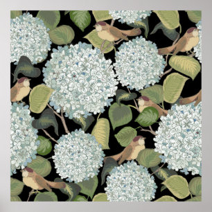 Poster Hortensia azul-clara, branca, com folhas verdes e