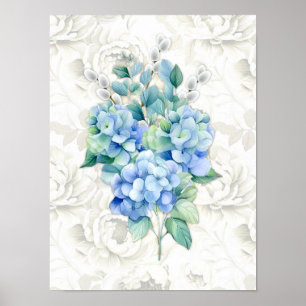Poster Hortênsia Azul Fundo Floral de Marfim Botânico
