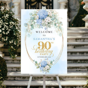 Poster Hortênsias Azuis Elegantes 90 Aniversário Bem-vind