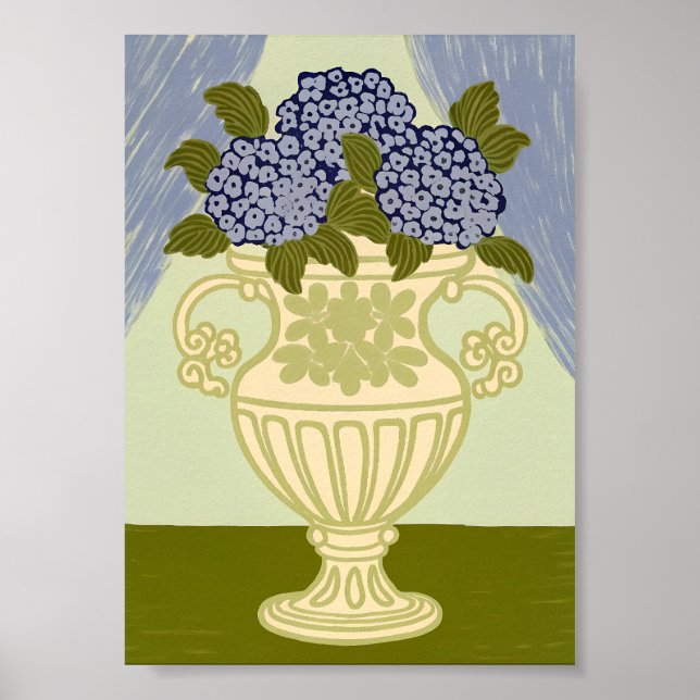 Poster Hortênsias Azuis Elegantes em Urna Dourada Clássic (Frente)
