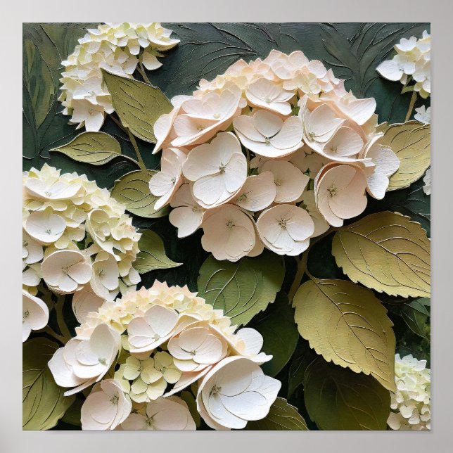 Poster Hortênsias Creme com Folhas Texturizadas (Frente)