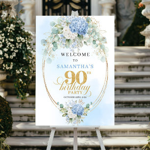 Poster Hortênsias Pastel Clássico Dourado 90 Aniversário 