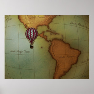 Poster Hot Air Balloon Over Western Hemisphere Map Medium