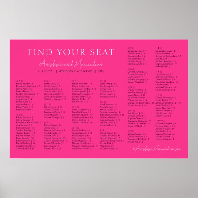 Poster Hot Pink Fuchsia Wedding Alphabetical Seating (Frente)