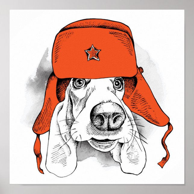 Poster Hound Basset | Red Ushanka Hat (Frente)