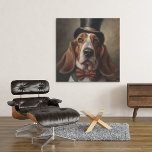 Poster Hound basset vestindo gravata superior e arco verm<br><div class="desc">pintura de um cesto bonito vestindo um chapéu preto e uma gravata vermelha de arco,  pronta para uma despedida de solteiro</div>