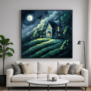 Poster House on Moonlit Hill - Estilo de Impressionismo