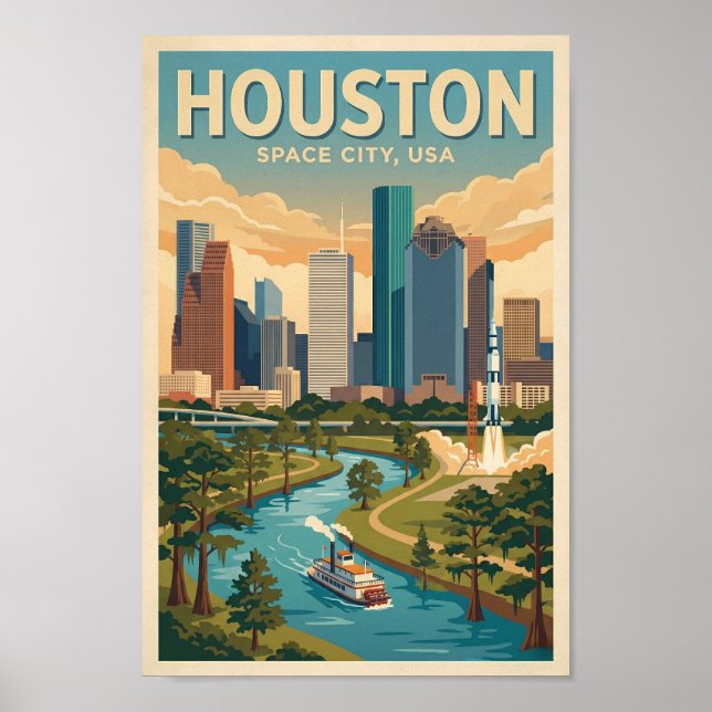 Poster Houston Texas Illustration Travel Art Vintage (Frente)
