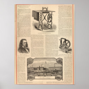 Póster Howe Sewing Maching with Sketch of the Inventor