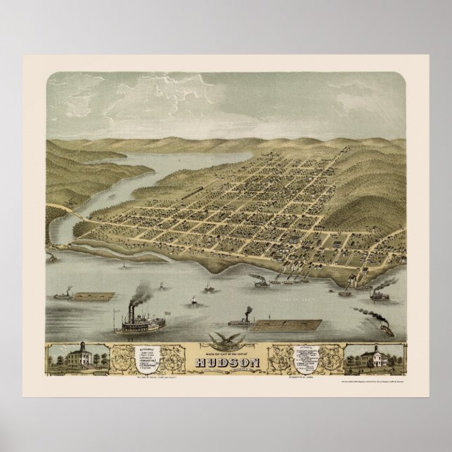 Poster Hudson, Mapa Panorâmico do WI - 1870 (Frente)