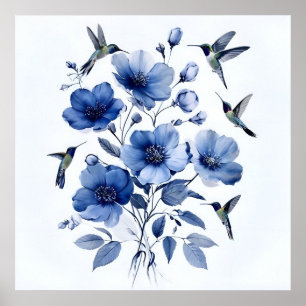 Poster Hummingbird, Arte Floral Elegante Azul E Branca