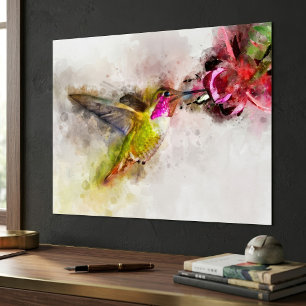 Poster Hummingbird com flor Watercolor - 04