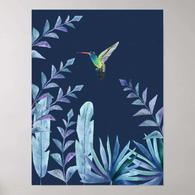 Poster Hummingbird com folhagem tropical em azul escuro (Frente)