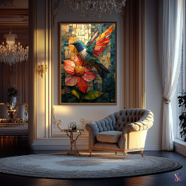 Poster Hummingbird e Flor Vibrantes em Vidro Estampado