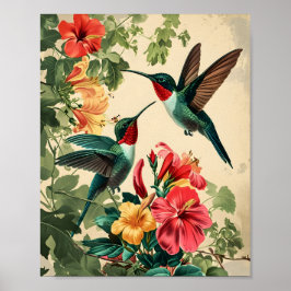 Poster Hummingbird e Flores: Vintage
