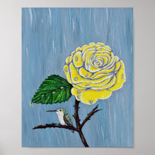 Poster Hummingbird e Rosa na pintura da chuva