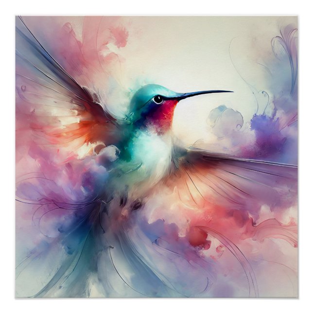 Póster Hummingbird Graceful em Watercolor (Frente)