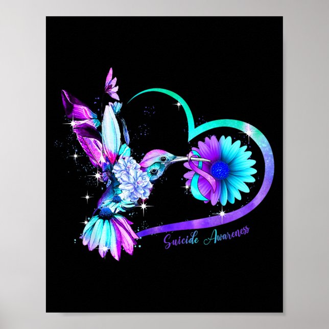 Poster Hummingbird Sunflower Heart Purple Ribbon Suicide  (Frente)