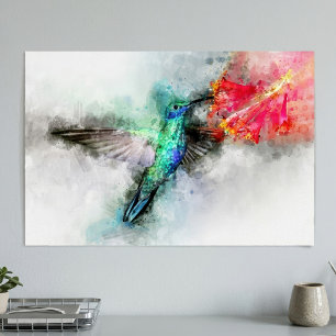 Poster Hummingbird voando com flor Watercolor - 01