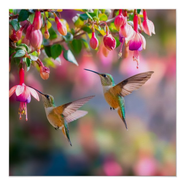 Póster Hummingbirds Fuchsia Flowers Iridescent Dance (Frente)