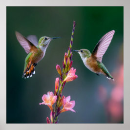 Poster Hummingbirds Gladiolus Flowers Iridescent Pair