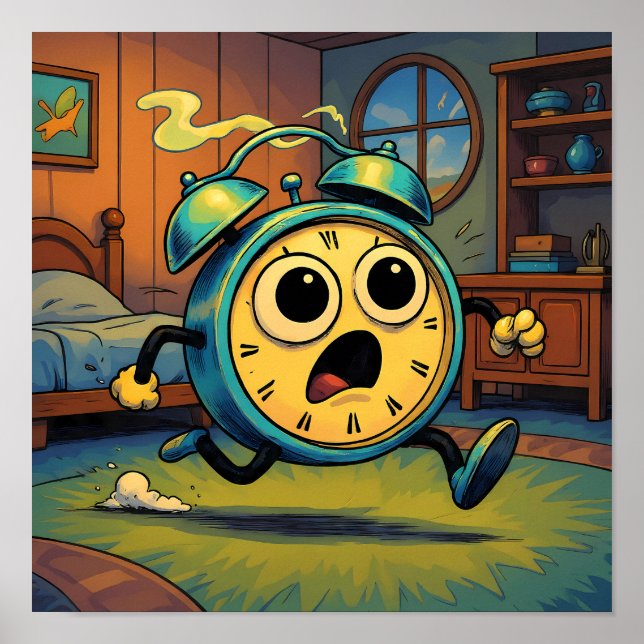 Poster Humorous Retro Art: Ablaze Running Alarm Clock (Frente)