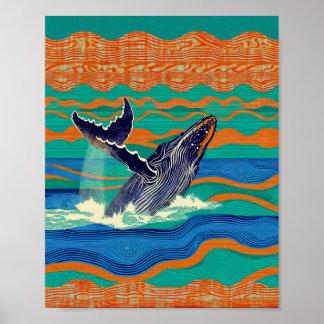 Poster Humpback Whale Woodblock Print