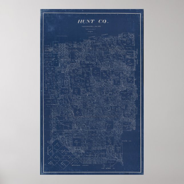 Poster Hunt County, Texas 1894 Vintage Map (Frente)