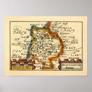 Poster Huntingdonshire County England Antigo Mapa Antiquá