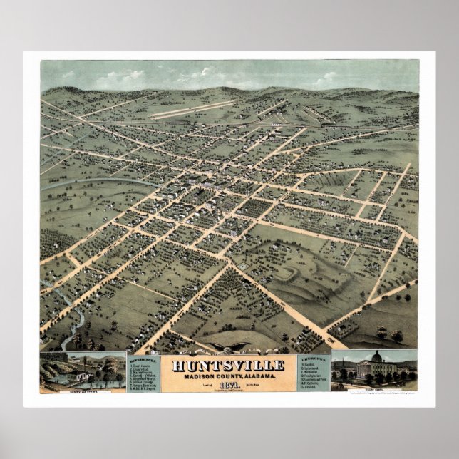Póster Huntsville, Mapa Panorâmico da AL - 1871 (Frente)
