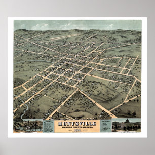Póster Huntsville, mapa panorâmico do AL - 1871