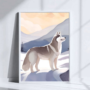 Poster Husky do Alasca Arte em Aquarela do Cachorro na