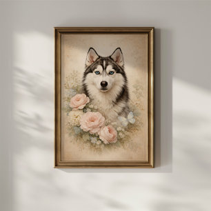 Poster Husky Siberiano com Rosas