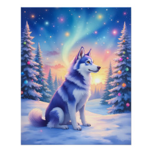 Póster Husky Siberiano Luzes do Norte Natal Inverno