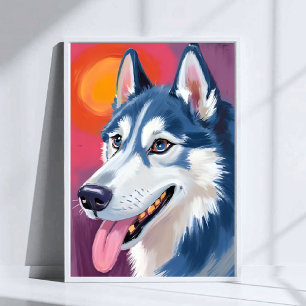 Poster Husky Siberiano   Pintura em Aquarela de Retrato d