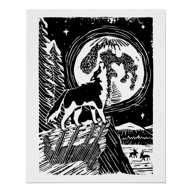 Póster Husky Uivando Preto e Branco à Noite Linogravura (Frente)