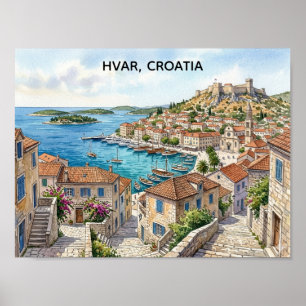Poster Hvar Croácia Vista Panorâmica Aquarela Viagem