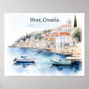 Poster Hvar Croácia Watercolor Viagem