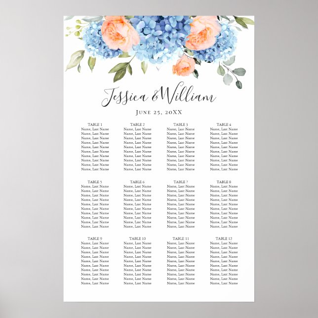 Poster Hydrangea Blue Blush Rosa 12 Mesa SENTADO GRÁFICO (Frente)