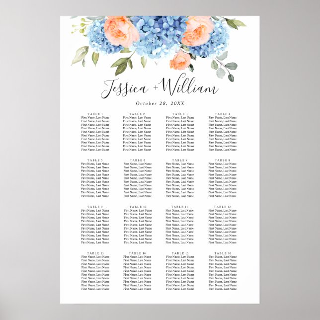 Poster Hydrangea Blue Blush Rosa 15 Mesa SEATING CHART (Frente)