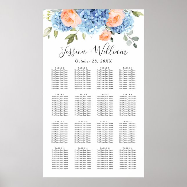 Poster Hydrangea Blue Blush Rosa 16 Mesa SEATING CHART (Frente)