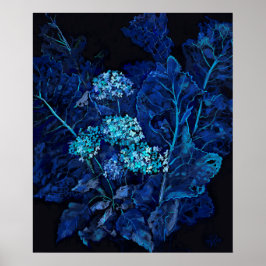 Poster Hydrangea e Horseradina Pintura Floral Preta Azul