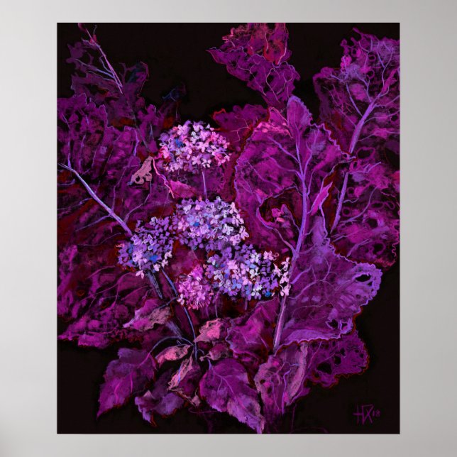Poster Hydrangea e Horseradish Floral Art Black Purple (Frente)