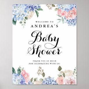 Poster Hydrangeas Azuis e Chá de fraldas de Rosas Rosa Be