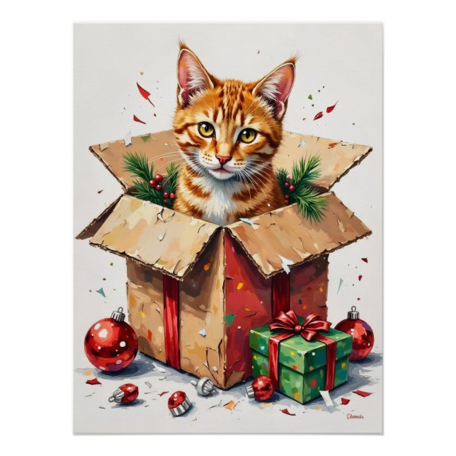 Póster I Help Unpack! Funny Cat in Christmas Shipping Box (Frente)