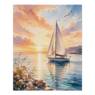Póster Iate de Luxo ao Nascer do Sol Aquarela