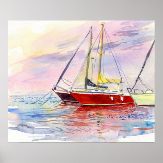 Poster Iates Vermelhos no Pier Pintura em Aquarela Paisag